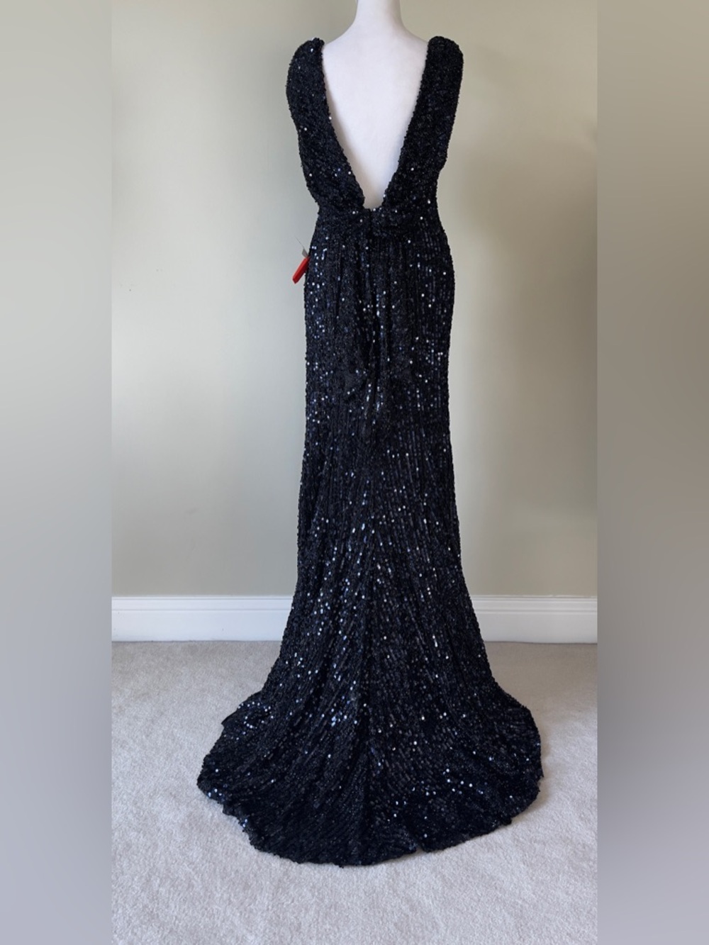Ieena Sequined Sleeveless Draped Cowl Back Elegant Black Sequin Evening Gown NWT - Picture 6 of 8